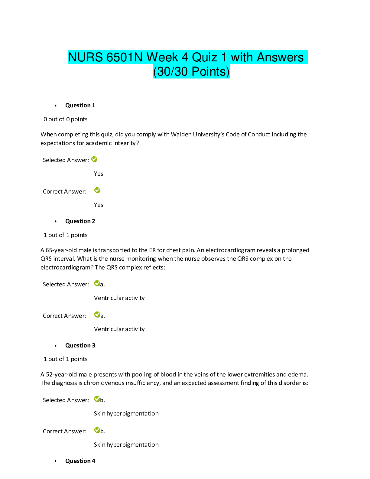 Preview image for NURS 6501N Week 4 Quiz 1 with Answers (30/30 Points),Already graded A